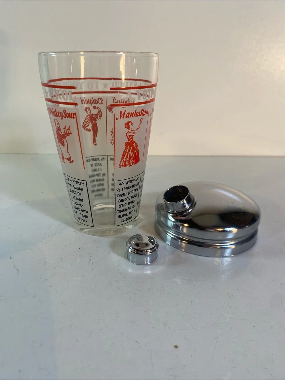 Vintage Mid-Century 'Salute to Your Health' Recipe Frosted Glass Cocktail Shaker